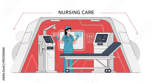Futuristic Nursing Care: Nurse in Advanced Medical Bay with Technology