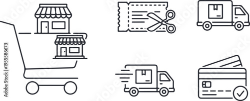 Simple shopping cart icon set with delivery vehicles and transportation symbols in a clean vector style