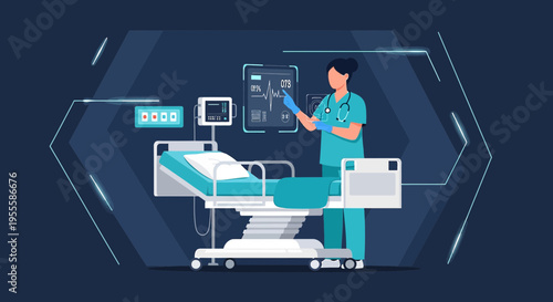 Futuristic Medical Technology: Nurse in Modern Hospital Room with Advanced Equipment