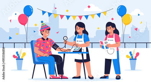 Health check at a festive outdoor event with balloons and decorations