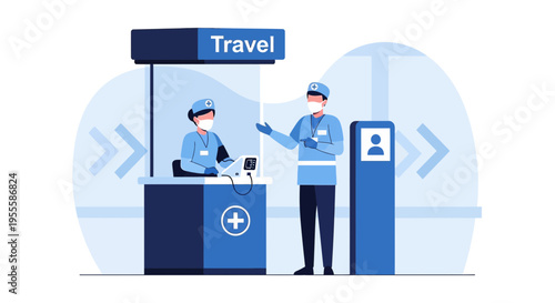 Health check at travel checkpoint, medical staff in masks screening passengers at airport