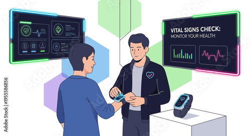 Health monitoring technology: patient using smartwatch for vital signs check with futuristic interface