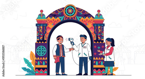 Health screening at colorful archway, temperature check for COVID-19 prevention