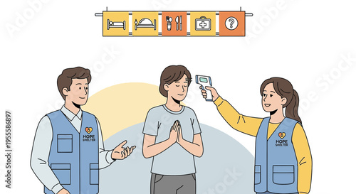 Health screening at entrance: temperature check, staff in vests, person praying, icons above