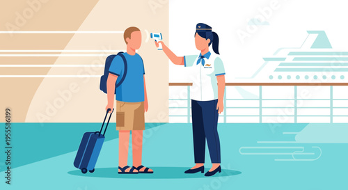 Health screening at cruise terminal: temperature check before boarding ship