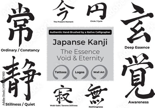 Japanese Kanji Symbols for Zen Philosophy and Void - Minimalist Vector Calligraphy Set (Nothingness, Enso, Constancy, Mysterious)