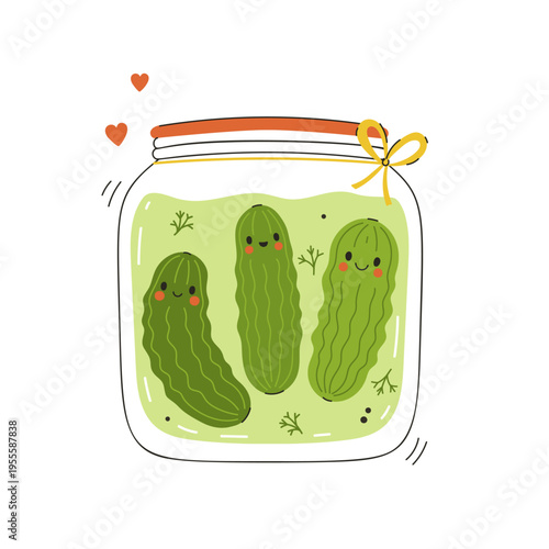 Funny pickles in a glass jar. Vector graphics.