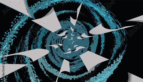 Abstract Teal Vortex with Flying Geometric Shards and Dynamic Motion Spirals