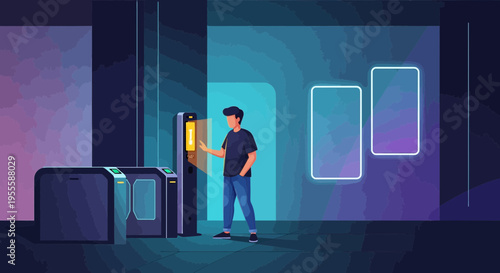 Man Interacting with Futuristic Kiosk, Digital Interface, Modern Technology Concept