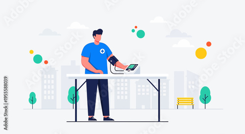 Man measures blood pressure with device outdoors, health check concept