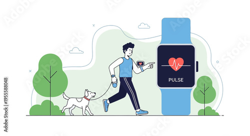 Man jogging with dog, checking smartwatch heart rate monitor, healthy lifestyle concept