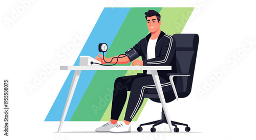 Man measuring blood pressure at desk, healthy lifestyle, remote work, medical checkup