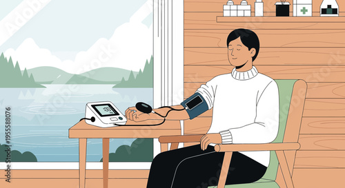 Man measuring blood pressure at home with scenic lake view, healthy lifestyle concept