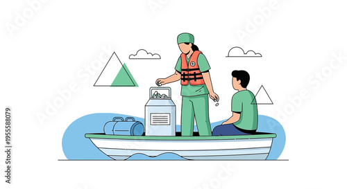 Healthcare worker in life vest on boat with patient, delivering medical supplies