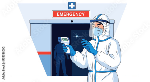 Healthcare worker in PPE scans visitor with infrared thermometer at hospital emergency entrance