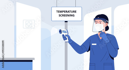 Healthcare worker in protective gear performs temperature screening with infrared thermometer
