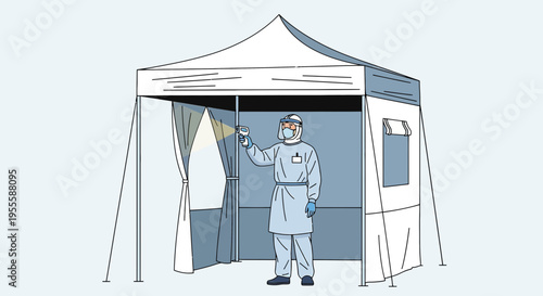 Healthcare worker in protective suit checks temperature at COVID-19 screening tent