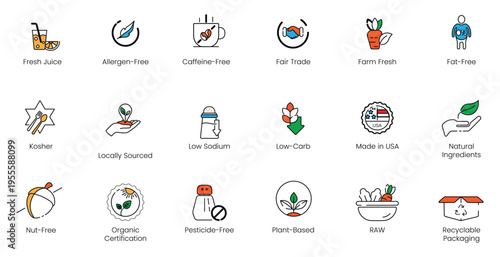 Dietary requirement and eco-friendly food packaging label vector line icon set