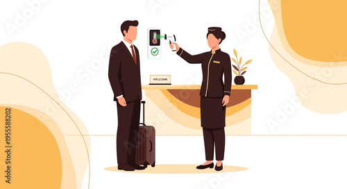 Hotel Receptionist Checks Guest Temperature with Infrared Thermometer for Safety
