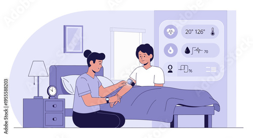 Home healthcare nurse checks patient's vitals with smart technology
