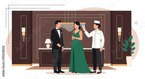Hotel staff checks temperature of elegantly dressed couple at reception desk, safety measures