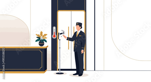 Hotel staff checks temperature with infrared thermometer at reception desk, health safety