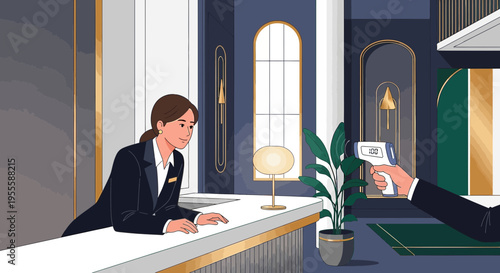 Hotel receptionist temperature check with infrared thermometer at reception desk, safety measures