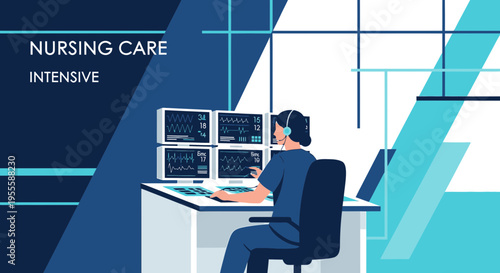 Intensive care nurse monitoring patient vital signs on multiple screens in hospital control room