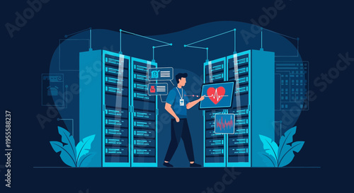 IT technician monitoring server room with heart health data on screen