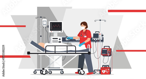 Intensive care unit nurse caring for patient with medical equipment in hospital