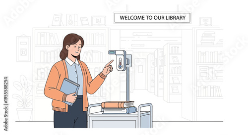Librarian Using Self-Checkout Machine in Modern Library with Bookshelves