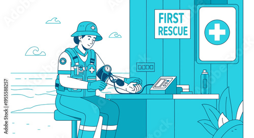 Lifeguard checks vital signs at beach first aid station, sea background