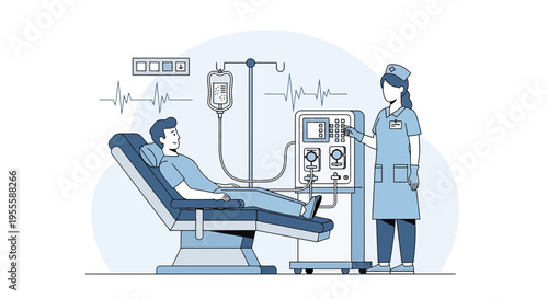 Kidney Dialysis Treatment: Patient Undergoing Hemodialysis with Nurse and Medical Equipment