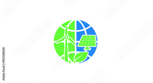 Clean energy sources represented in an environmental themed logo with globe wind turbine