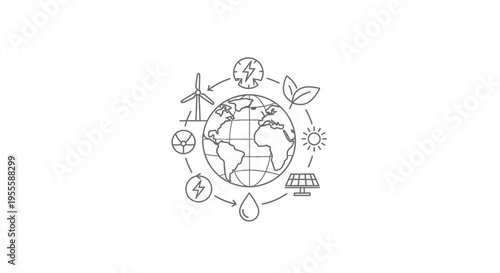 Conceptual illustration depicting green energy sources orbiting the globe, eco friendly design