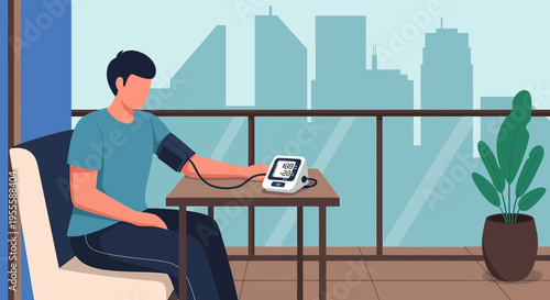 Man checking blood pressure on balcony with city view
