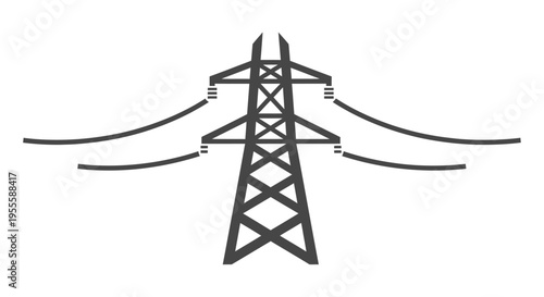 Silhouette illustration of a high-voltage power pylon transmitting electricity on a white background