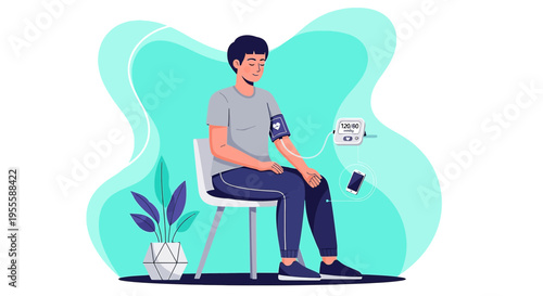 Man checking blood pressure with digital monitor at home, health monitoring concept