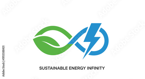 Sustainable energy symbol showing infinity combined with leaf and lightning, white background