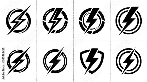 Eight bold black and white electricity symbol designs arranged in a grid featuring modern lightning bolt icons for branding concepts