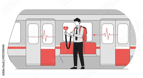 Man checking heart rate on smartwatch on subway, health monitoring, urban commute