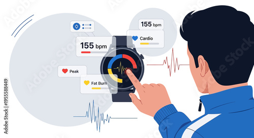 Man checking heart rate on smartwatch during workout, health monitoring concept