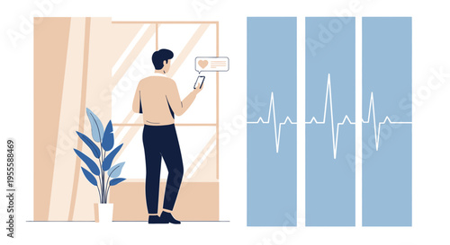 Man checking phone with heart notification, heartbeat graph, remote health monitoring concept