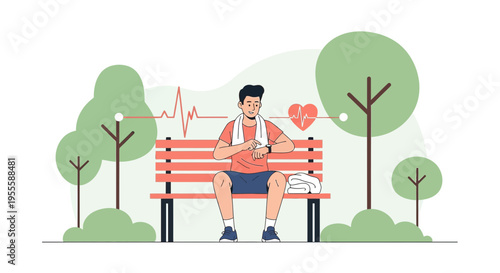 Man checking smartwatch after workout in park, heart rate monitor, healthy lifestyle