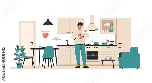 Man checking smartwatch in modern kitchen, heart rate monitor on screen, healthy lifestyle concept
