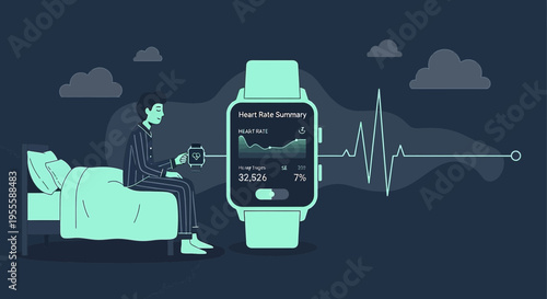 Man checking smartwatch heart rate summary in bed, sleep tracking, health monitoring