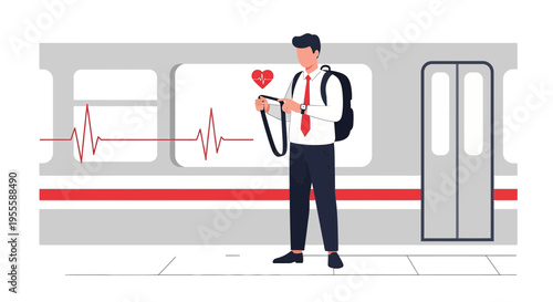 Man checking smartwatch on subway with heart rate and EKG graph