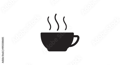 Minimalist black and white image of a steaming cup of coffee or tea isolated