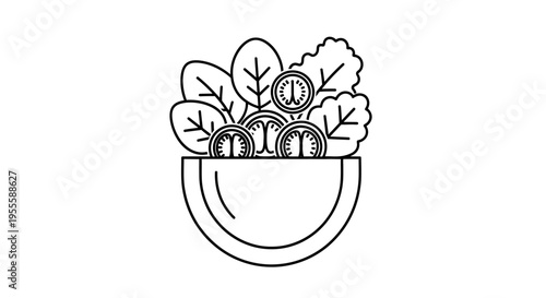 Minimalistic black and white illustration of a fresh salad in a bowl for health concepts