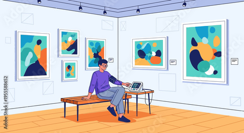 Man checks blood pressure at art gallery exhibition, modern abstract paintings